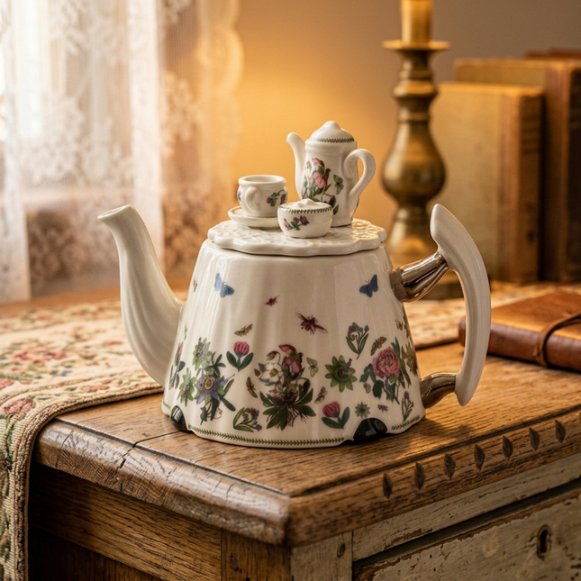 A vintage-style ceramic teapot and matching teapot set with floral and butterfly motifs, displayed on a rustic wooden chest in a warm, softly lit interior setting.