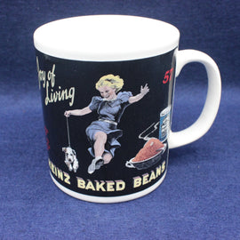 Mug with vintage-style design featuring a woman and dog on a blue background