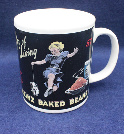 Mug with vintage-style design featuring a woman and dog on a blue background