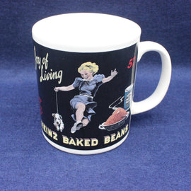 Mug with vintage-style design featuring a woman, dog, and can of Heinz Baked Beans on a blue background