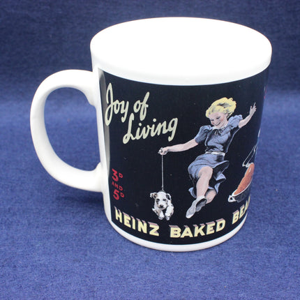 Mug with vintage design featuring a woman, dog, and baked beans text on a blue background