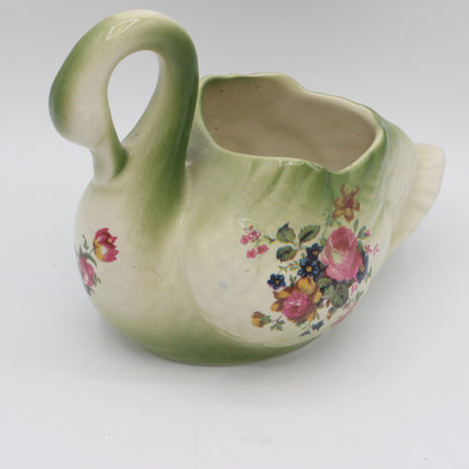 Set of 3 Vintage Swan Planters – Green & Cream Floral Ceramic