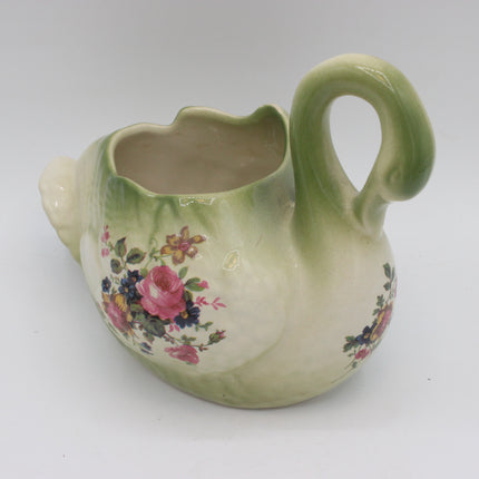 Set of 3 Vintage Swan Planters – Green & Cream Floral Ceramic