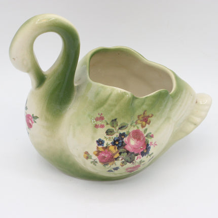 Set of 3 Vintage Swan Planters – Green & Cream Floral Ceramic