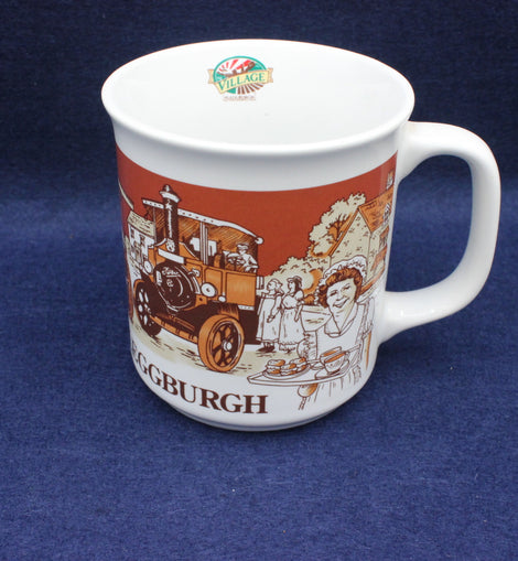 White mug with a colorful design of a vintage fire engine and people on a blue background