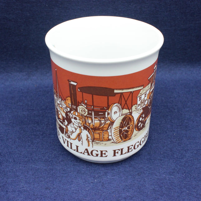Mug with vintage vehicle design and 'Village Fleggburgh' text on a blue background