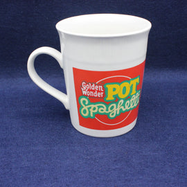 White mug with Golden Wonder Pot Spaghetti logo on a blue background