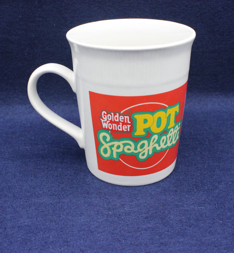 White mug with Golden Wonder Pot Spaghetti logo on a blue background