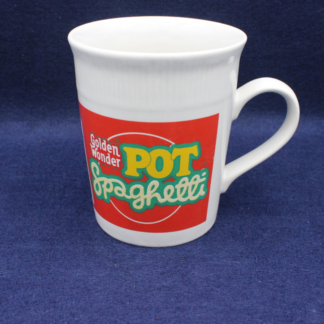 White mug with 'Golden Wonder Pot Spaghetti' logo on a blue background