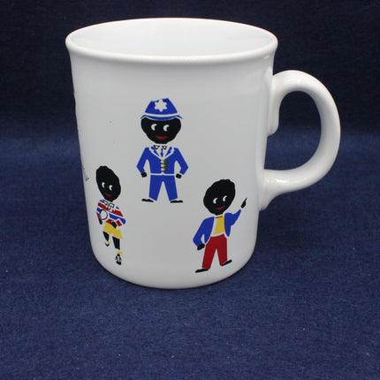 White mug with golly figures in various outfits on a dark blue background
