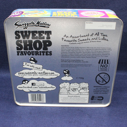Back of a Swizzles Matlow Sweet Shop Favourites tin on a blue background