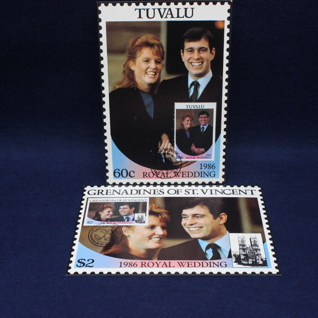 Two stamps featuring images of a couple and text about the 1986 Royal Wedding on a dark blue background.