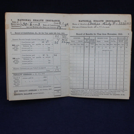 Vintage National Health Insurance document from 1913 on a dark background