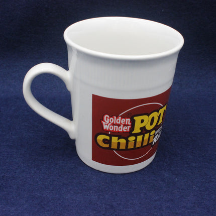 White mug with Golden Wonder Pot Chilli logo on a blue background