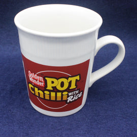 White mug with Golden Wonder Pot Chilli with Rice label on a blue background