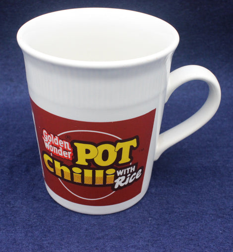 White mug with Golden Wonder Pot Chilli with Rice label on a blue background