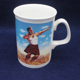White mug with a printed design of a scotsman in a field putting the stone on a blue background