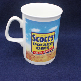 Mug with Scott's Porage Oats branding on a blue background