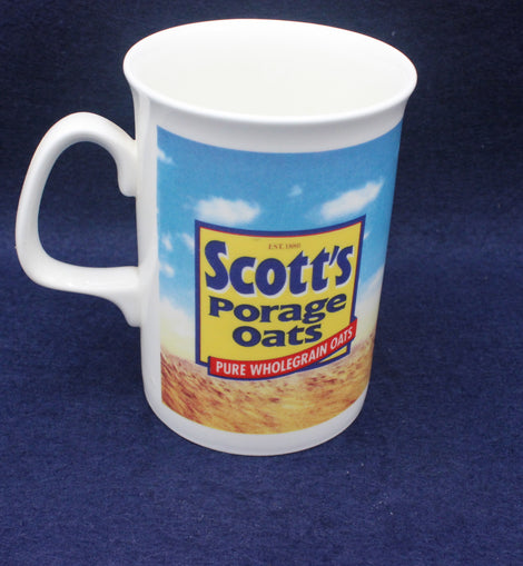Mug with Scott's Porage Oats branding on a blue background