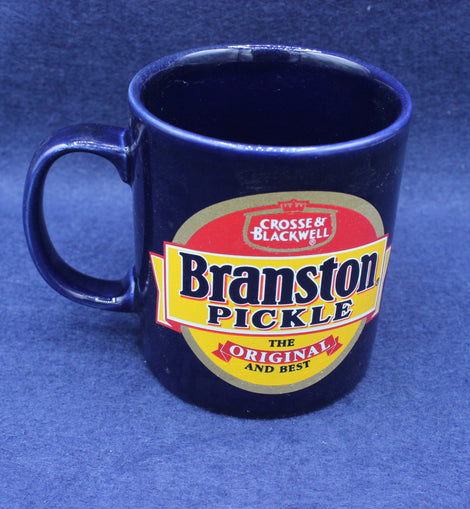 Blue mug with Branston Pickle label on a blue background
