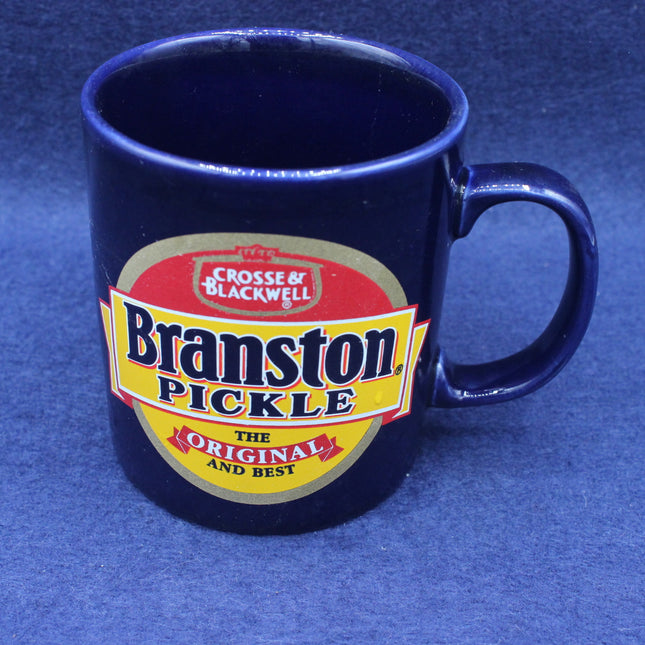 Blue mug with Branston Pickle label on a blue background