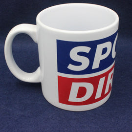 White mug with 'Sports Direct' logo on a blue background
