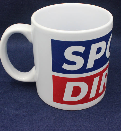 White mug with 'Sports Direct' logo on a blue background
