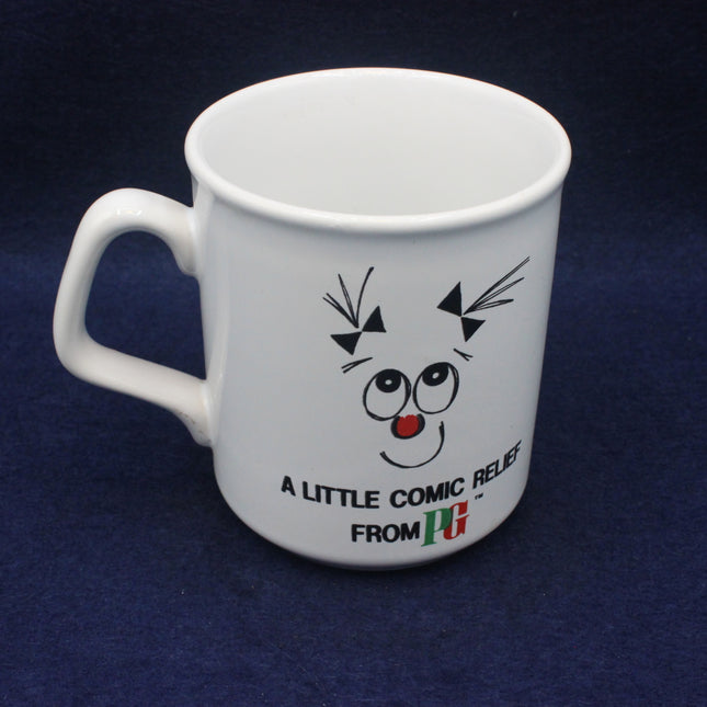 White mug with a cartoon face and text on a dark blue background