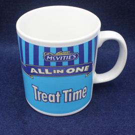 Mug with blue and white striped design and text on a dark blue background