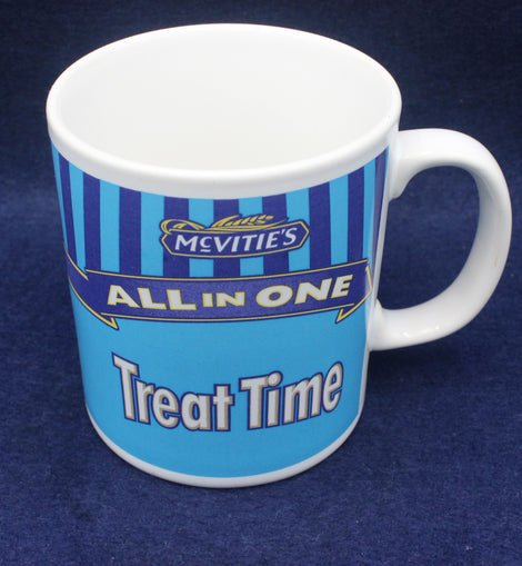 Mug with blue and white striped design and text on a dark blue background