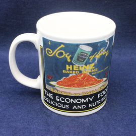 Mug with Heinz baked beans label design on a blue background