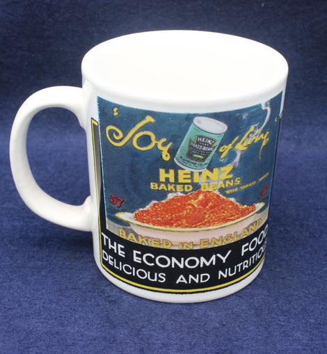 Mug with Heinz baked beans label design on a blue background