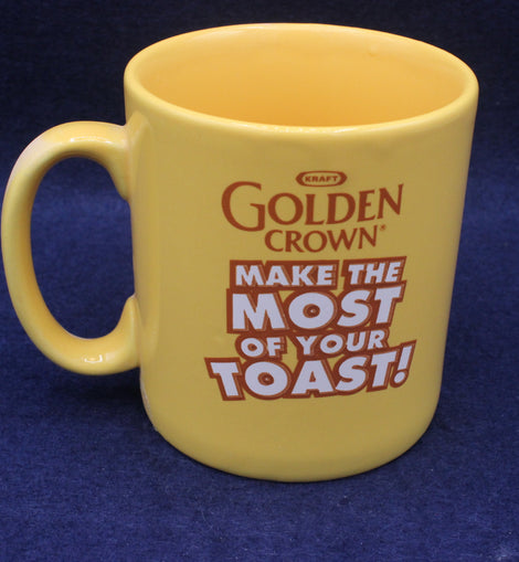 Yellow mug with 'Golden Crown' branding and text on a blue background