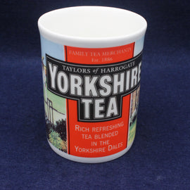 Yorkshire Tea mug with branding on a dark blue background
