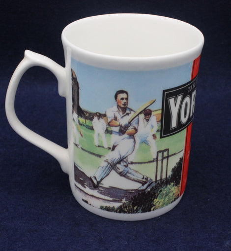 White mug with cricket-themed design and 'Yorkshire Tea' branding on a dark blue background