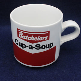 White mug with Batchelors Cup-a-Soup logo on a dark blue background