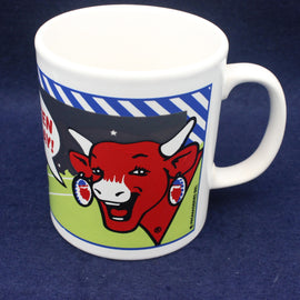 Mug with a bull graphic and text on a blue background