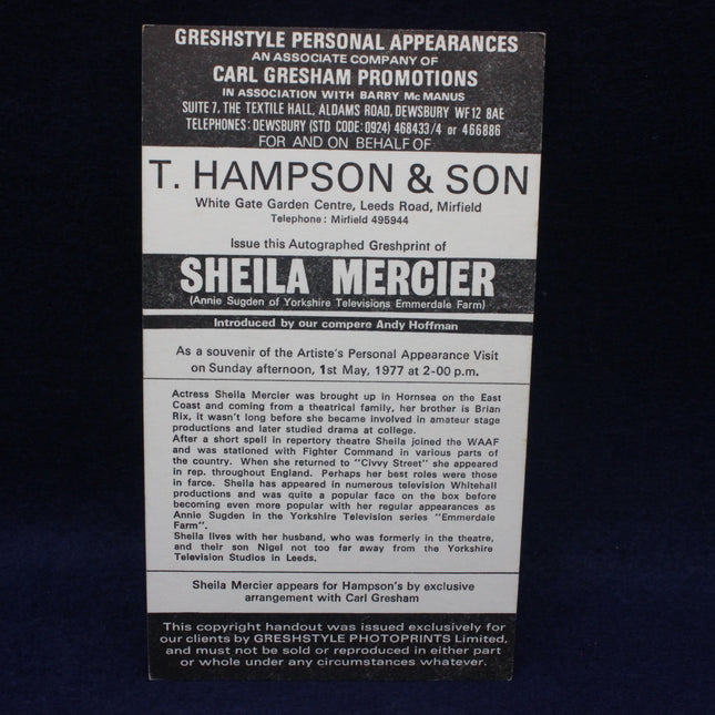 Promotional card for Sheila Mercier's appearance with T. Hampson & Son, featuring text about her career and a black and white photo.