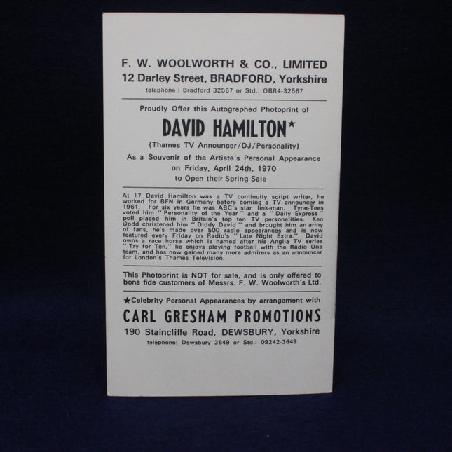 Promotional card for an autographed photograph of David Hamilton by F. W. Woolworth & Co., Limited.