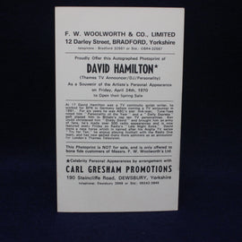 Promotional card for an autographed photograph of David Hamilton by F. W. Woolworth & Co., Limited.