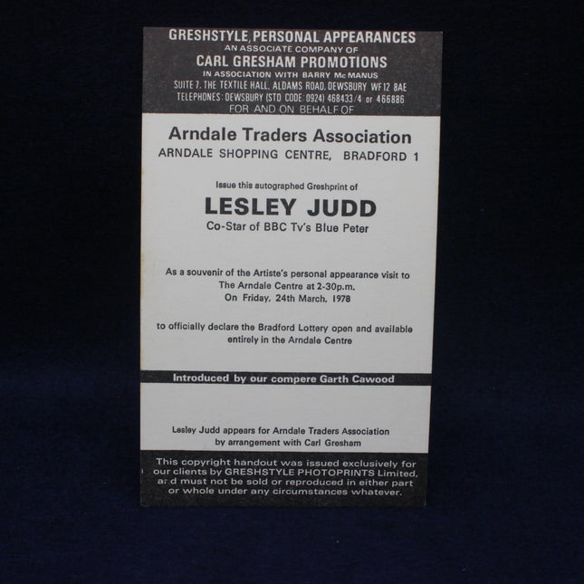Vintage promotional flyer for Lesley Judd's appearance at Arndale Shopping Centre, Bradford.