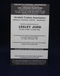 Vintage promotional flyer for Lesley Judd's appearance at Arndale Shopping Centre, Bradford.