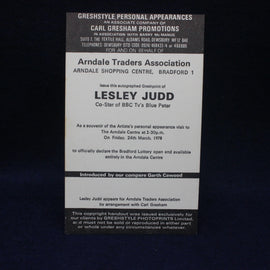Vintage promotional flyer for Lesley Judd's appearance at Arndale Shopping Centre, Bradford.