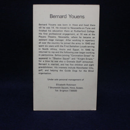 Card with text about Bernard Youens on a dark background