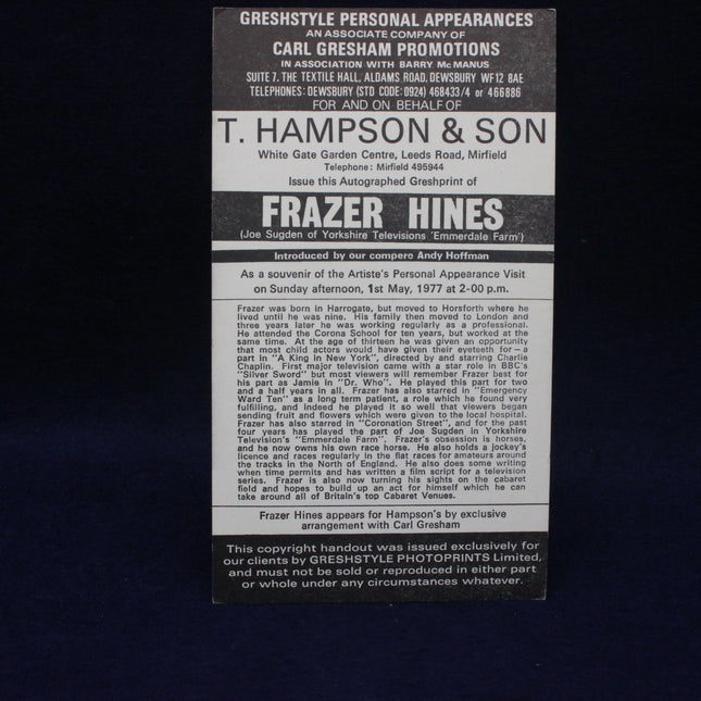 Vintage promotional card for Frazer Hines with text on a black background