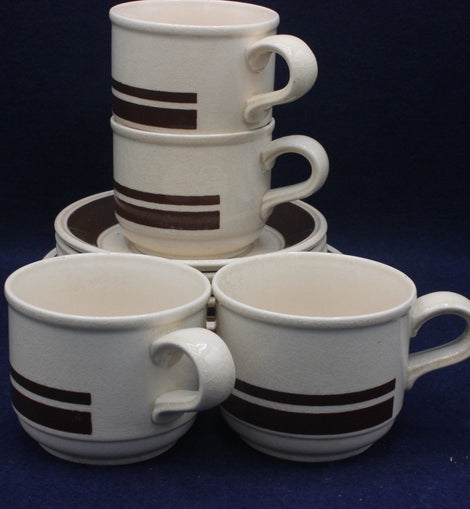 Retro Style Brown and Cream Staffordshire Pottery Cups Saucers and Plate Set