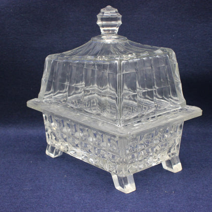 Clear glass covered dish on a blue background