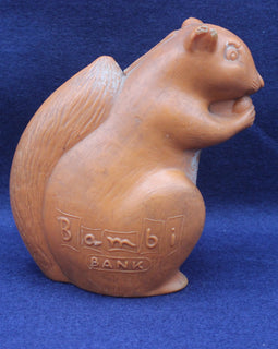 Squirrel-shaped bank with 'Bambi Bank' branding on a blue background
