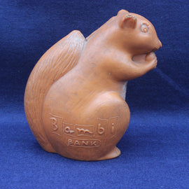 Squirrel-shaped bank with 'Bambi Bank' branding on a blue background
