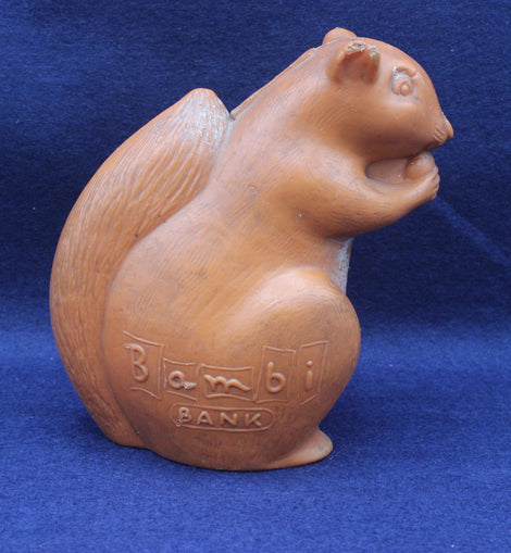 Squirrel-shaped bank with 'Bambi Bank' branding on a blue background